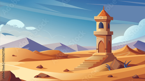 A solitary tower rises against a blue sky in a vast desert landscape with mountains in the background