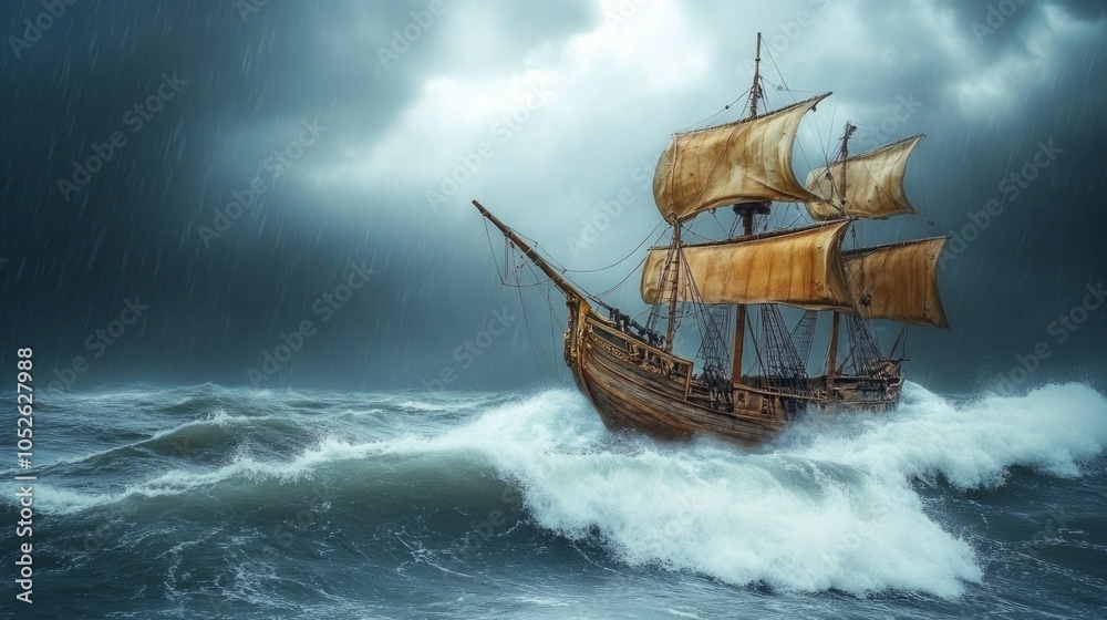 Obraz premium Magnificent ancient sailing ship in a stormy sea