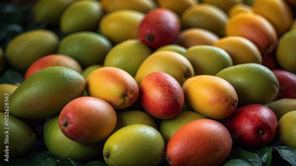 Fresh and vibrant pile of ripe mangoes in green, red, and yellow colors tropical fruit market beauty like no other. Fresh and vibrant pile of ripe mangoes in green, red, and yellow colors tropical fruit market beauty like no other.