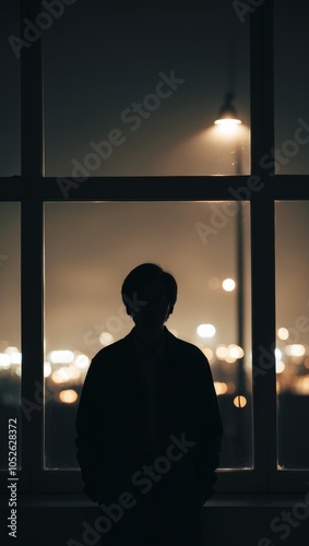 Silhouette Of A Person Seen Through A Window At Night. photo