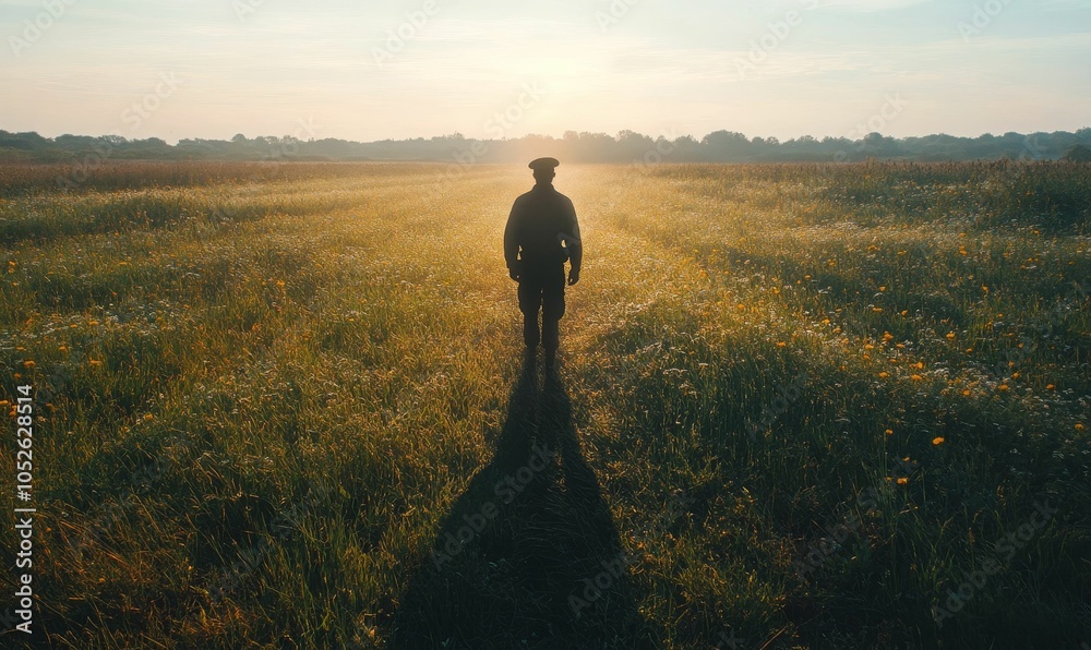 Fototapeta premium Silhouette of a man in a field at sunrise.