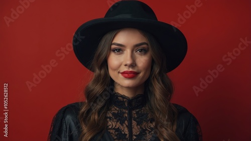 Young brunette woman in black hat and costume on red background Attractive caucasian female model Halloween, black friday, cyber monday, sales, autumn concept Happy smiling. photo