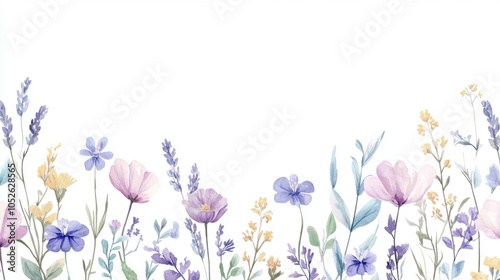 Fototapeta Naklejka Na Ścianę i Meble -  Wildflowers floral watercolor seamless border on white background. Wild fields herbs flower bouquet frame pattern. Illustration, wedding stationery, wallpapers, fashion, textile, prints, baby shower