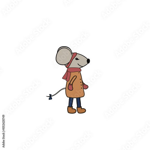 Cute little mouse character in warm clothes. Sporty animal doodle. 
