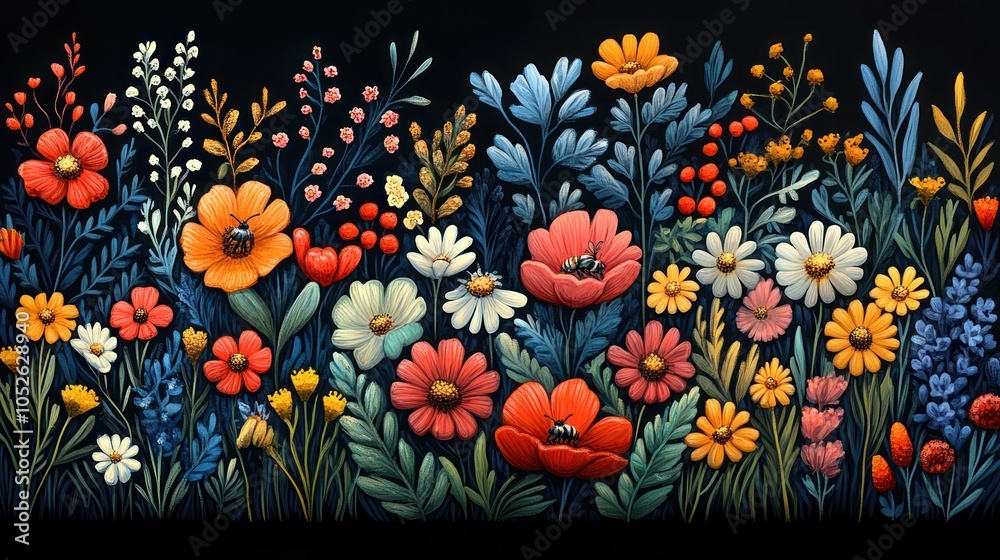 Fototapeta premium Colorful Flower Arrangement with Bees and Foliage on a Dark Background