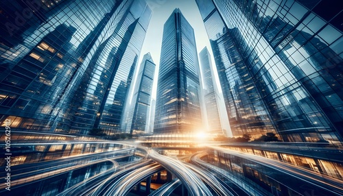 Reflective skyscrapers, business office buildings photo