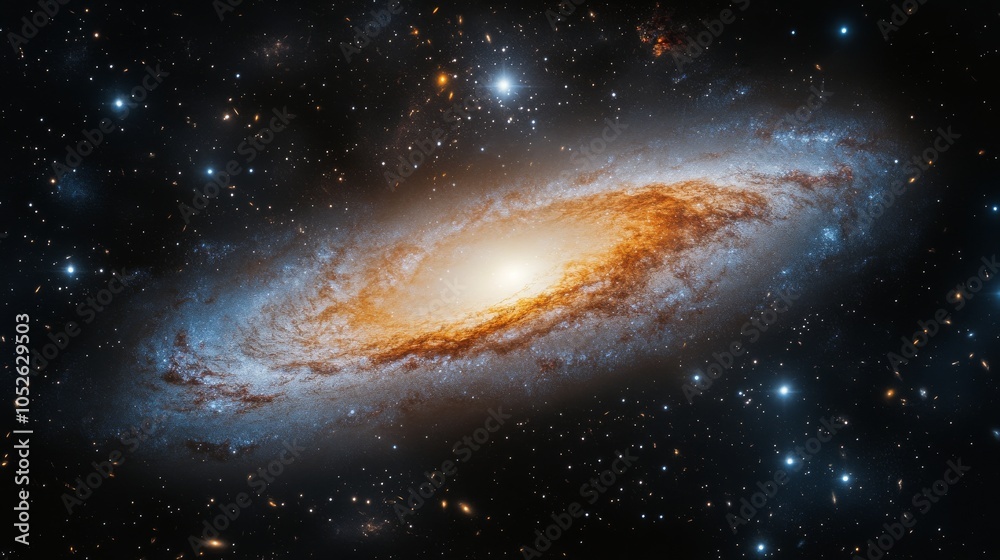 Fototapeta premium Galactic spiral galaxy captured in a vast cosmic landscape with bright star clusters and nebulae