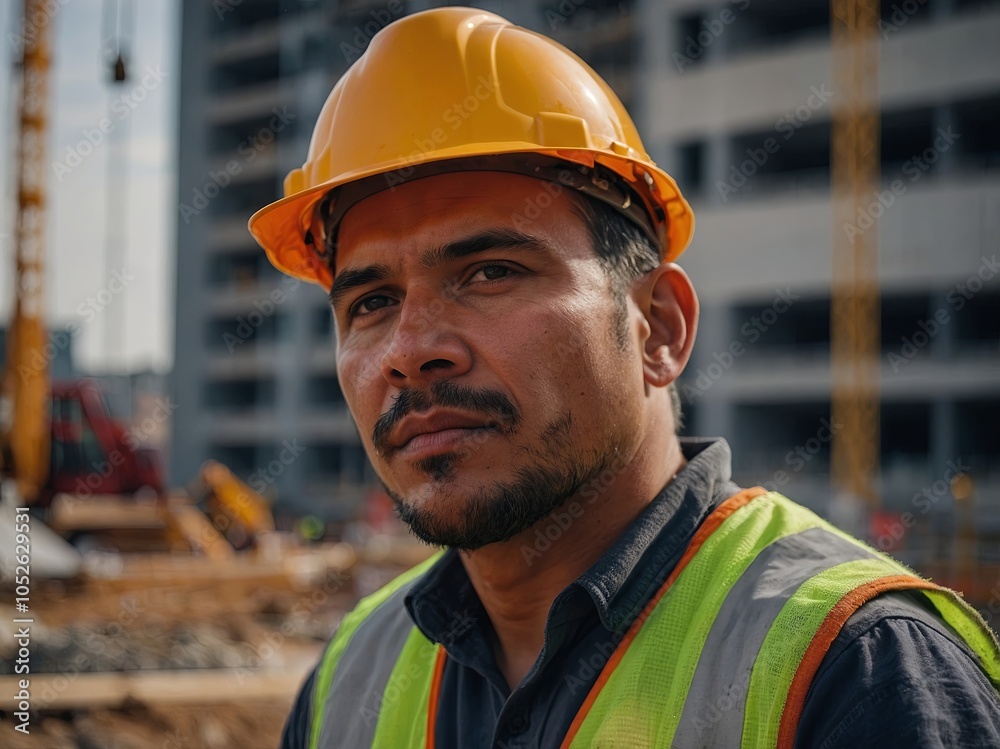 The worker on the construction site is looking at the construction site.