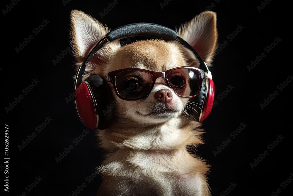 Adorable Chihuahua Puppy Wearing Sunglasses and Earphones in a Fun Studio Portrait Adorable Chihuahua Puppy Wearing Sunglasses and Earphones in a Fun Studio Portrait