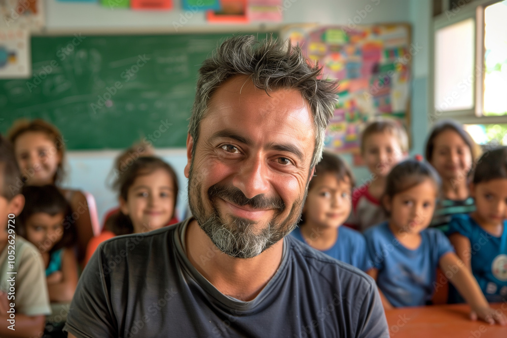 Fototapeta premium Photography of Portugal school classroom scene with children in background and the teacher on front. 