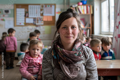 Photography of Russia school classroom scene with children in background and the teacher on front.	
