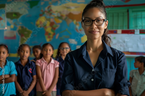 Photography of Puerto Rico school classroom scene with children in background and the teacher on front.	
