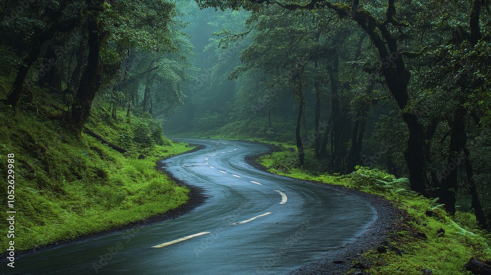Obraz premium Winding road through lush green forest in the early morning sunlight