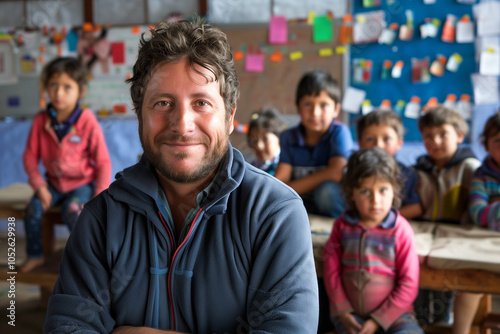 Photography of Chile school classroom scene with children in background and the teacher on front.	
