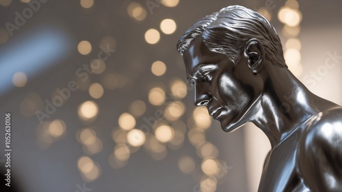 A silver sculpture of a man's head and shoulders, viewed in profile.