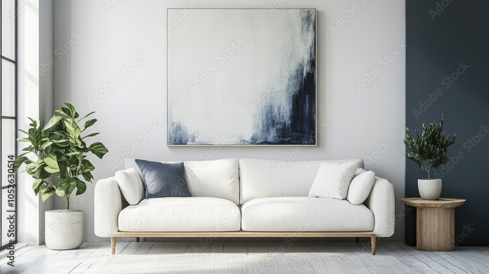 Minimalist living room with white sofa, wooden side table, large abstract painting, and a potted plant for a serene touch Minimalist living room with white sofa, wooden side table, large abstract painting, and a potted plant for a serene touch