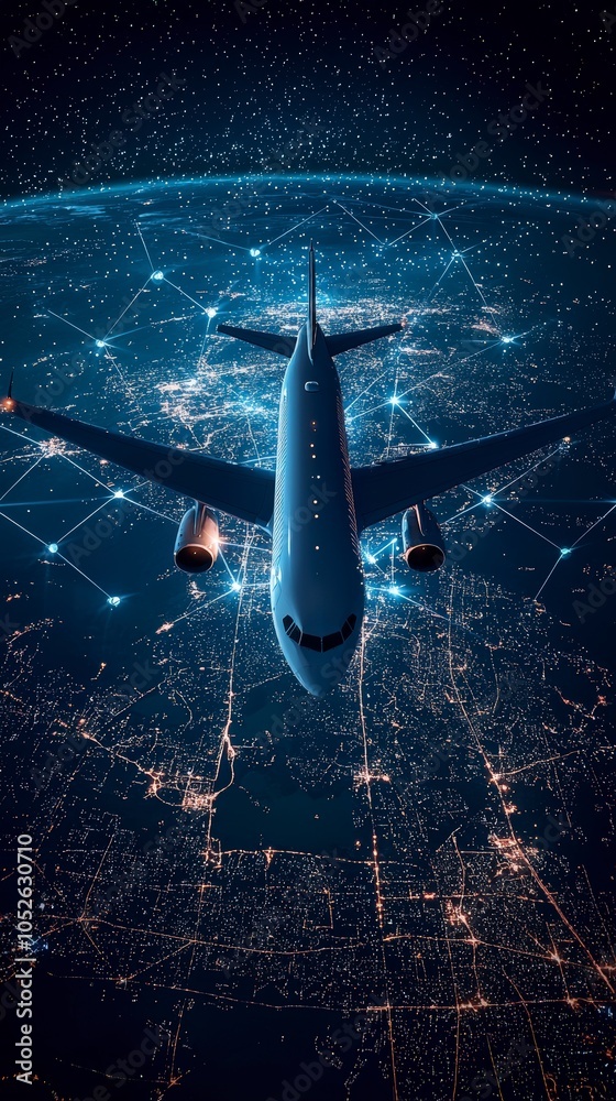 An airplane soars above a vast, interconnected cityscape glowing with lights under the night sky, representing global connectivity and technological advancement. An airplane soars above a vast, interconnected cityscape glowing with lights under the night sky, representing global connectivity and technological advancement.