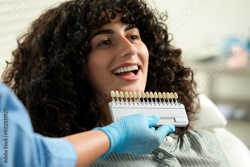 Doctor checking young woman's teeth color in clinic, closeup. Dental veneers