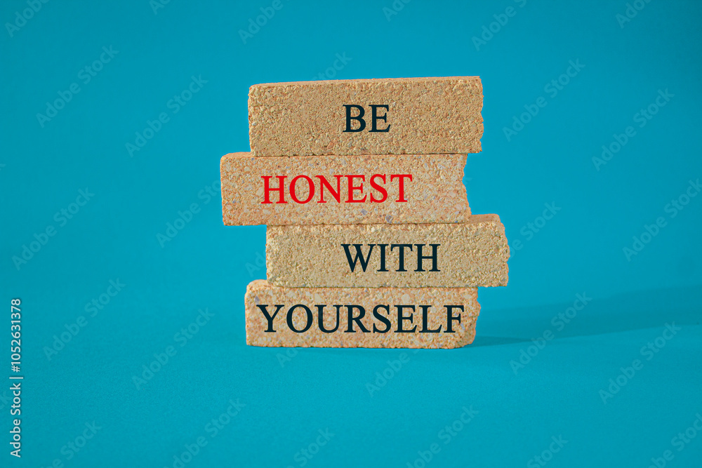 Naklejka premium Be honest with Yourself symbol. Brick blocks with words Be honest with Yourself. Beautiful blue background. Be honest with Yourself concept.