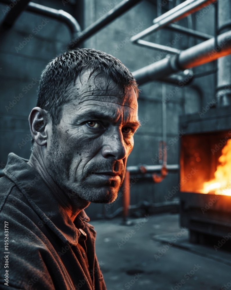 Industrial Worker Gazing at a Fiery Furnace. Industrial Worker Gazing at a Fiery Furnace.
