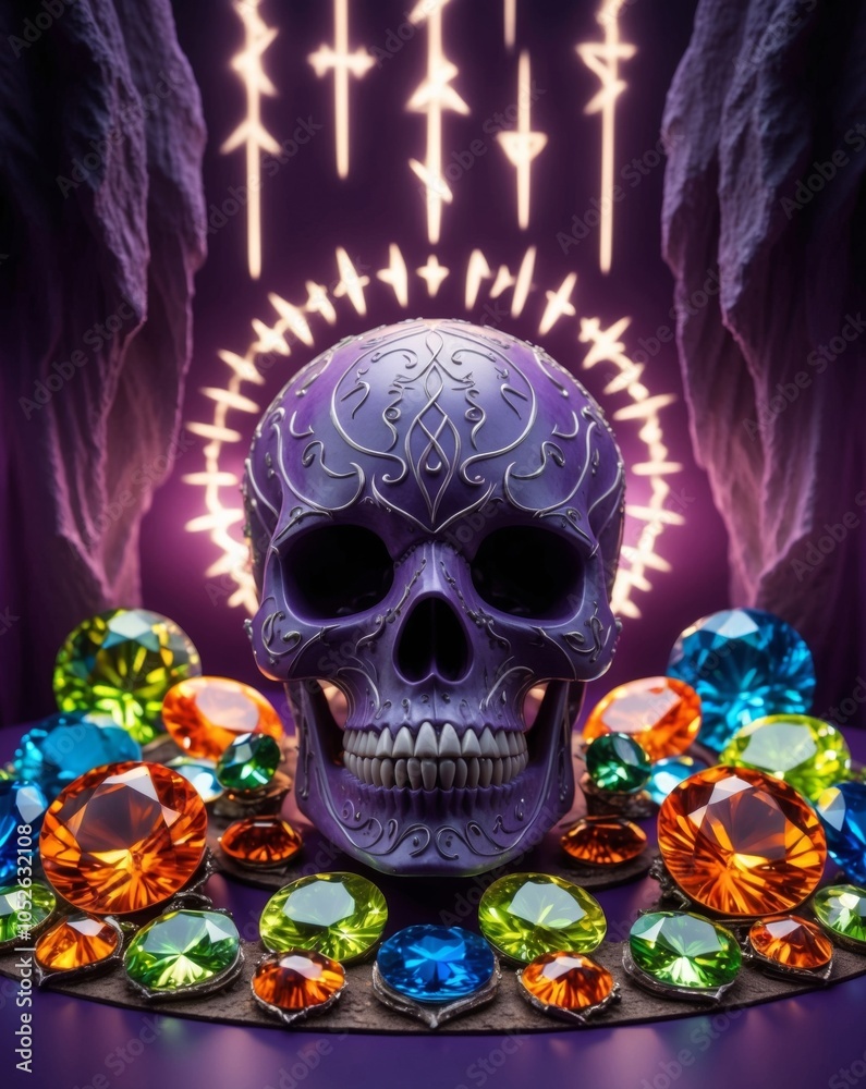 Enchanted Skull Display with Glowing Runes and Gemstones on Amethyst Purple Background. Enchanted Skull Display with Glowing Runes and Gemstones on Amethyst Purple Background.