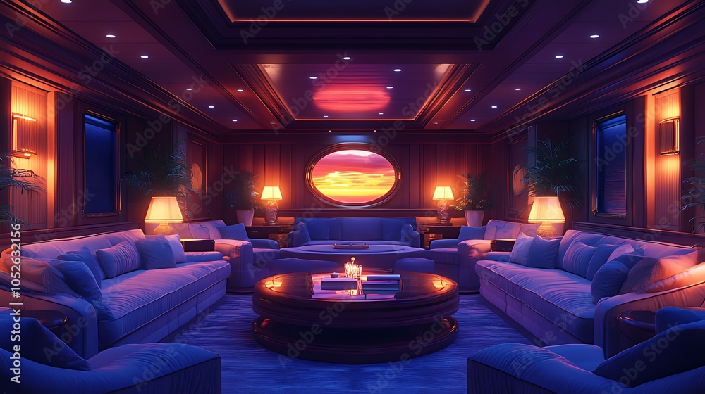 A luxurious living room with large windows overlooking a stunning sunset. A luxurious living room with large windows overlooking a stunning sunset.