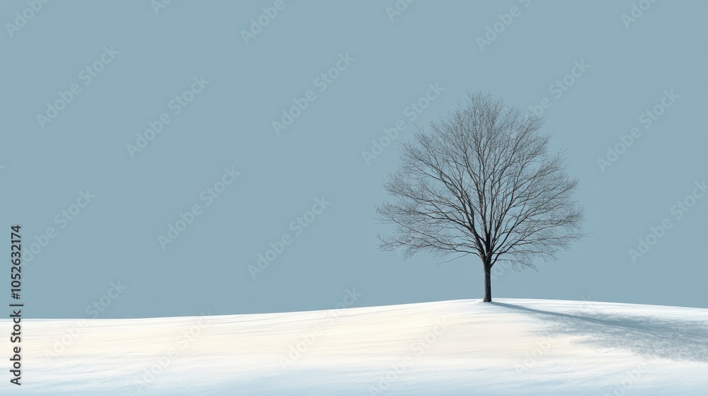Fototapeta premium A Single Bare Tree Standing on a Snowy Hill Against a Pale Blue Sky