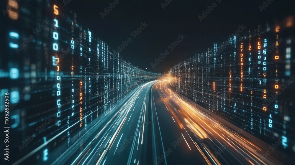 Fototapeta premium Futuristic Digital Data Flow with Lights and Numbers
