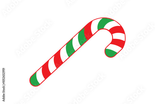 Christmas cane clipart with red, green, and white stripes on a white background. Perfect for festive designs.