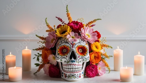 Day of the Dead Sugar Skull with Flowers and Candles. photo