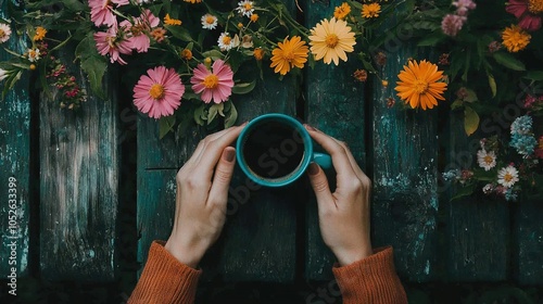   A person clutching a mug of coffee before a wooden railing adorned with blooming flora on either side photo