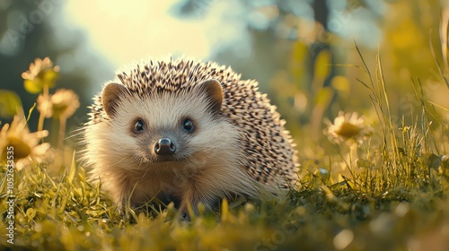 Cute Hedgehog In The Grass Meadowside View photo