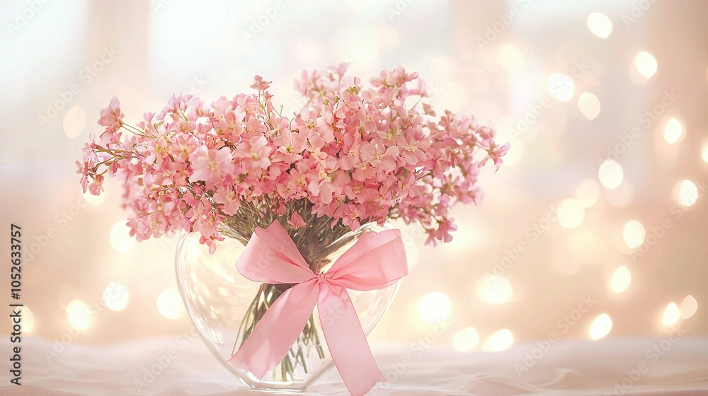 Obraz premium A vase adorned with pink flowers & a bow, bathed in warm light behind it