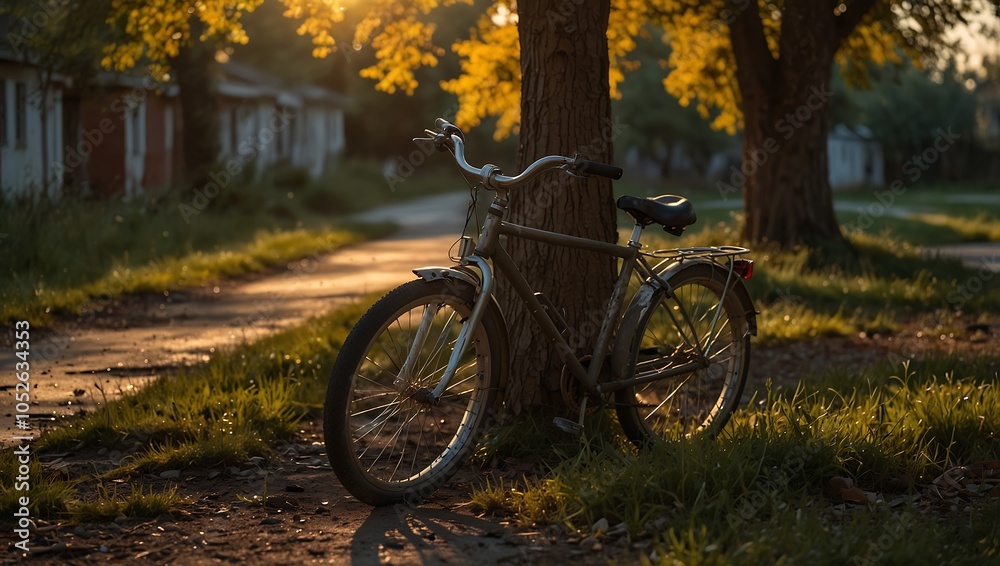 Fototapeta premium Abandoned bicycle in the golden evening light