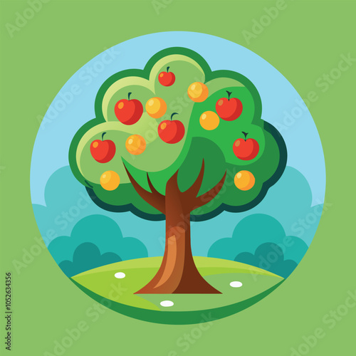 A cartoon tree with red apples and yellow oranges.