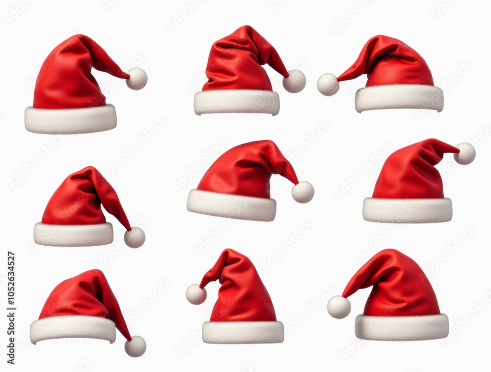 A collection of Santa Claus hats in various styles and angles, with bright red and white colors, isolated on a transparent background A collection of Santa Claus hats in various styles and angles, with bright red and white colors, isolated on a transparent background