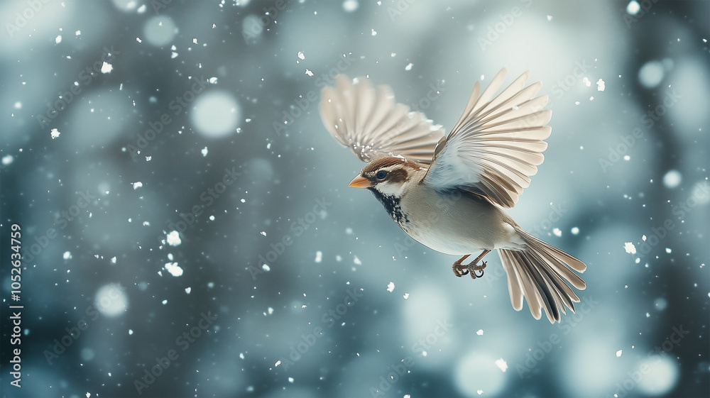 Obraz premium 雪の中を飛ぶスズメ