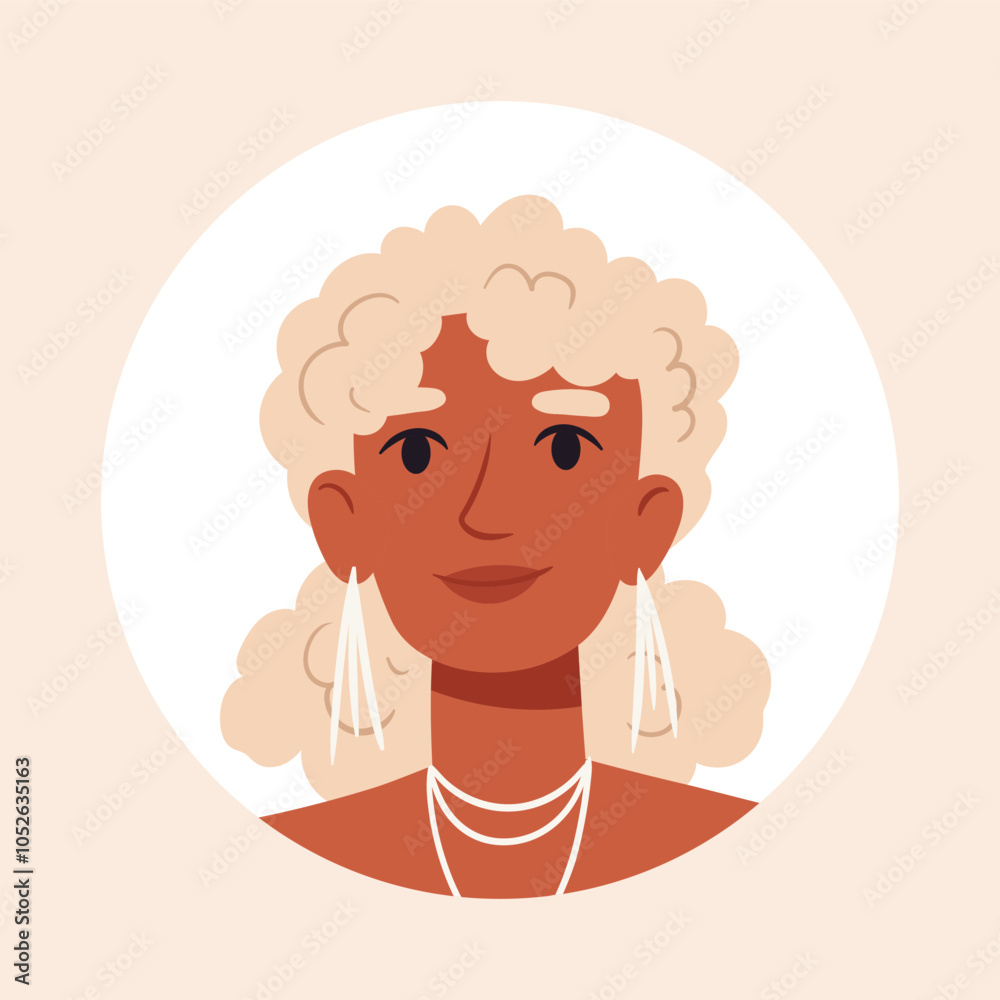 Fototapeta premium Cute blond woman face. Stunning woman portrait, beautiful girl avatar, smiling female character flat vector illustration. Young lady portrait
