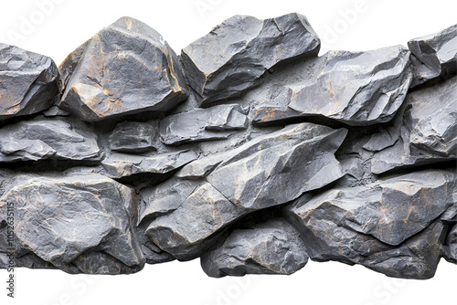 Textured gray rocks stacked against each other, creating a natural and rugged visual for landscaping or architectural design.