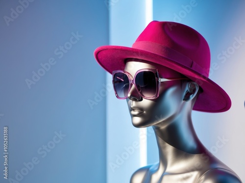 Stylish mannequin wearing pink hat and sunglasses in blue ambiance.