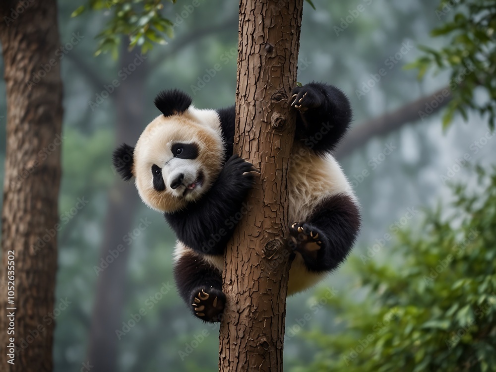 Obraz premium Acrobatic panda close-up, playful on a tree