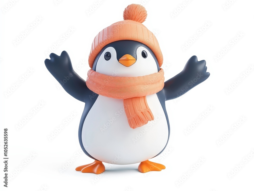 Fototapeta premium Cheerful penguin in scarf and beanie for winter fun