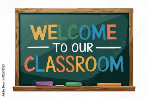 A png element clipart of a green school chalkboard with the text "Welcome to our classroom". The chalkboard is isolated on a white transparent background. The chalkboard is placed in a classroom 