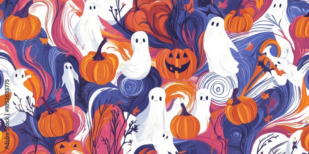 Whimsical halloween pattern with ghosts and pumpkins Whimsical halloween pattern with ghosts and pumpkins