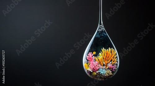  Close-up of a drop of water with diverse colored corals on black backdrop