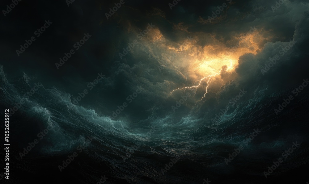 Stormy Seas with Lightning Striking Through Dark Clouds Stormy Seas with Lightning Striking Through Dark Clouds