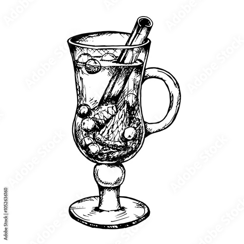 Vector ink hand drawn clipart of hot winter drink in glass cup: punch, mulled wine, tea with citrus, cinnamon sticks, star anise and cloves. Perfect for Christmas holiday print, pastry shop, cafe menu