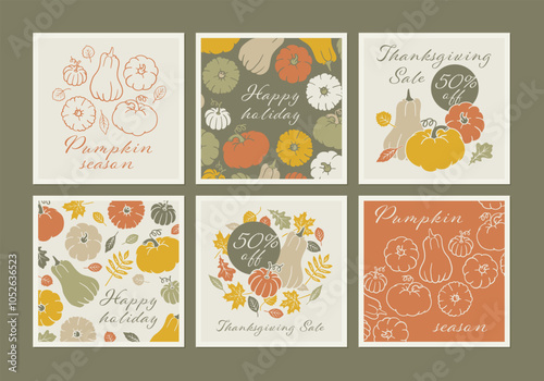 Thanksgiving social media banner set. Autumn greeting card collection. Holiday nature background with pumpkin and fall leaves. Halloween square post. Boho poster with hand drawn illustration.