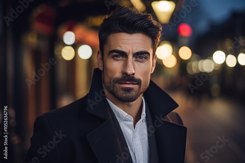 Portrait of a handsome young man in a black coat at night