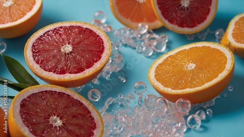 Tropical juicy fruit, citrus, orange on a pastel pink & blue background Summer, refreshment, sea.